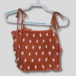 Blue Blush Terracotta Smocked Crop Tube Top with White Dots and Tie Straps